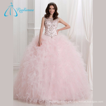 Sequined Beading Crystal Ruffles Pink Quinceanera Robes Ball Gown